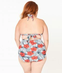 Unique Vintage Plus Size Tropical Print & Red Hibiscus Monroe Halter Swim Top Swimwear