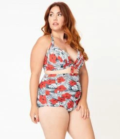 Unique Vintage Plus Size Tropical Print & Red Hibiscus Monroe Halter Swim Top Swimwear