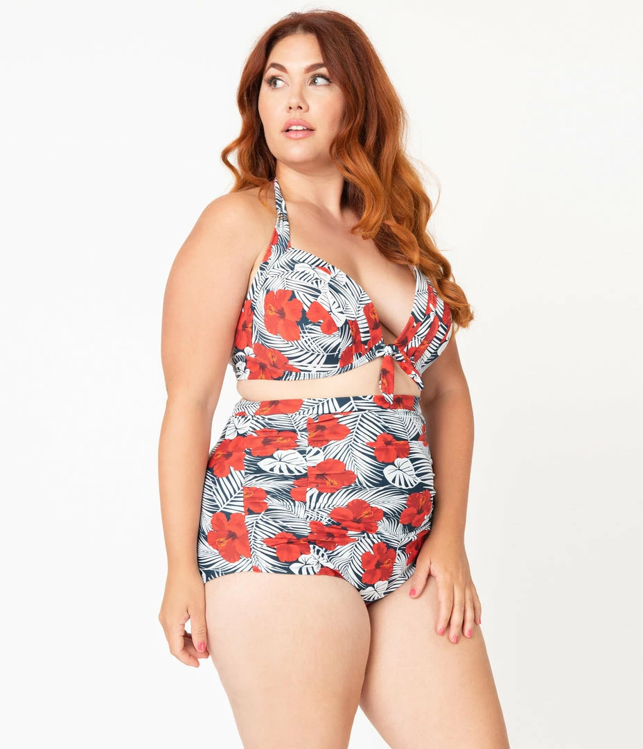 Unique Vintage Plus Size Tropical Print & Red Hibiscus Monroe Halter Swim Top Swimwear