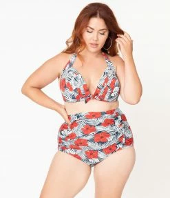 Unique Vintage Plus Size Tropical Print & Red Hibiscus Monroe Halter Swim Top Swimwear