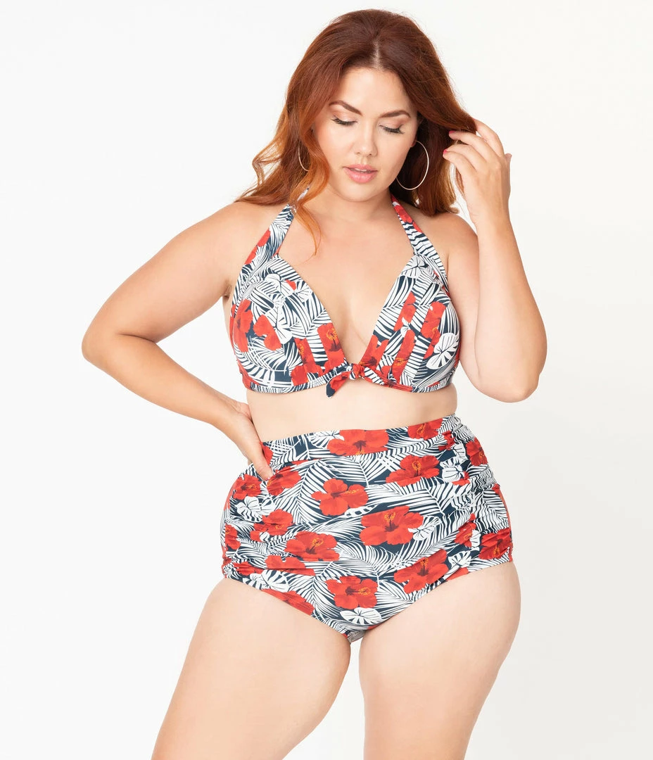 Unique Vintage Plus Size Tropical Print & Red Hibiscus Monroe Halter Swim Top Swimwear