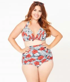 Unique Vintage Plus Size Tropical Print & Red Hibiscus Monroe Halter Swim Top Swimwear