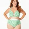 Unique Vintage Plus Size Green & White Gingham Belted Retro Redondo Swim Bottoms Swimwear