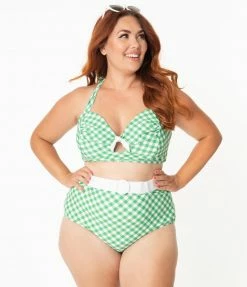 Unique Vintage Plus Size Green & White Gingham Belted Retro Redondo Swim Bottoms Swimwear