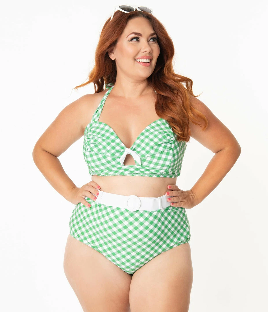 Unique Vintage Plus Size Green & White Gingham Belted Retro Redondo Swim Bottoms Swimwear