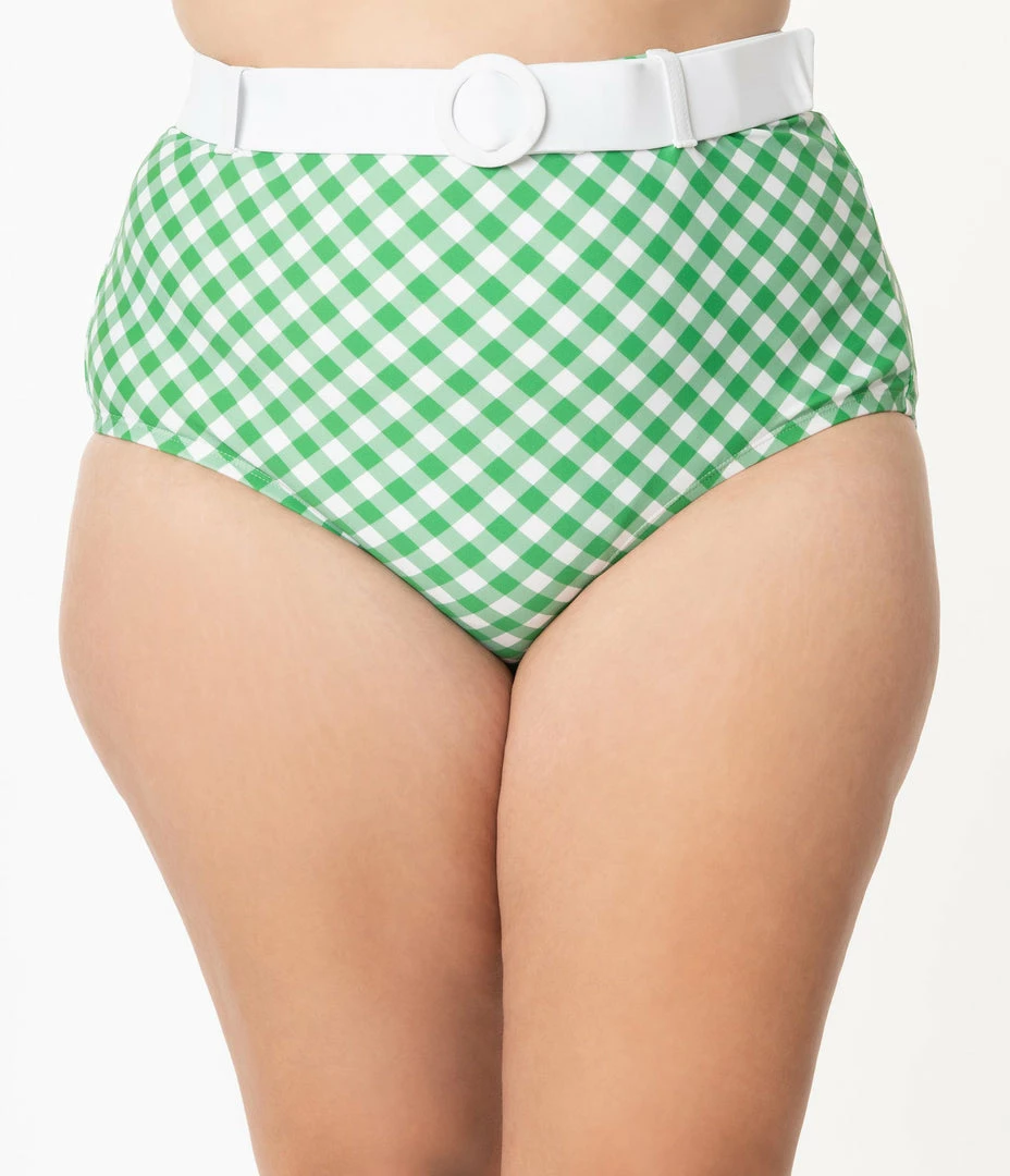 Unique Vintage Plus Size Green & White Gingham Belted Retro Redondo Swim Bottoms Swimwear