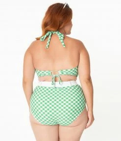 Unique Vintage Plus Size Green & White Gingham Belted Retro Redondo Swim Bottoms Swimwear