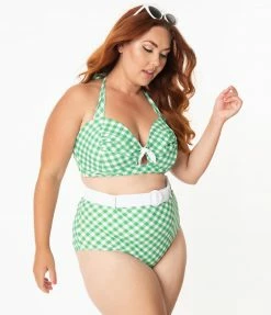 Unique Vintage Plus Size Green & White Gingham Belted Retro Redondo Swim Bottoms Swimwear