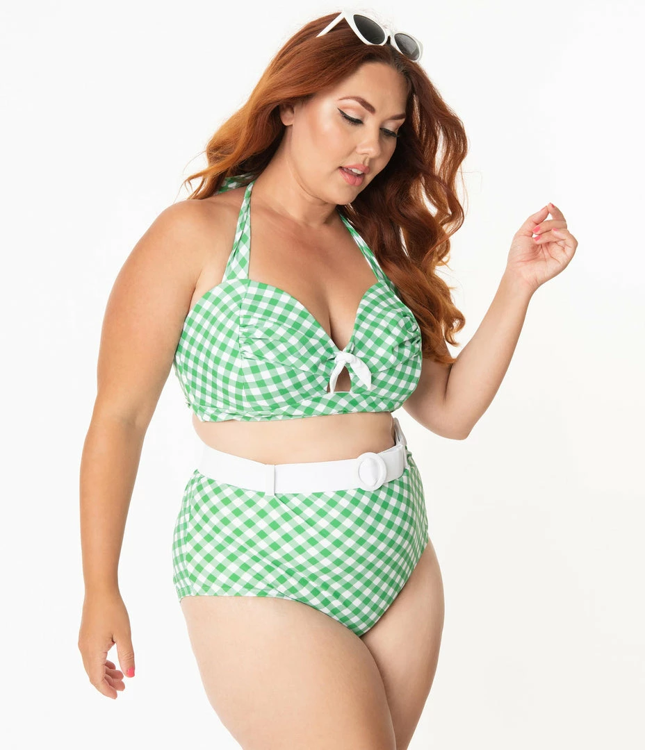 Unique Vintage Plus Size Green & White Gingham Belted Retro Redondo Swim Bottoms Swimwear