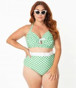 Unique Vintage Plus Size Green & White Gingham Belted Retro Redondo Swim Bottoms Swimwear