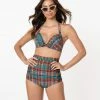 Swimwear Unique Vintage Madras Plaid Monroe High Waist Swim Bottom