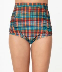 Swimwear Unique Vintage Madras Plaid Monroe High Waist Swim Bottom