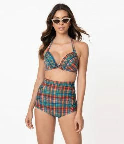 Swimwear Unique Vintage Madras Plaid Monroe High Waist Swim Bottom