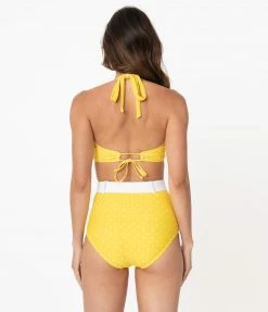 Swimwear Unique Vintage Mrs. West Yellow & White Pin Dot Halter Swim Top