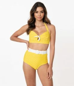 Swimwear Unique Vintage Mrs. West Yellow & White Pin Dot Halter Swim Top