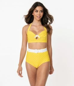 Swimwear Unique Vintage Mrs. West Yellow & White Pin Dot Halter Swim Top