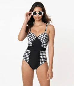 Swimwear Unique Vintage Black & White Houndstooth Pin-Up Clemente Swimsuit