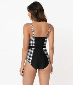 Swimwear Unique Vintage Black & White Houndstooth Pin-Up Clemente Swimsuit