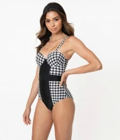 Swimwear Unique Vintage Black & White Houndstooth Pin-Up Clemente Swimsuit