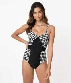 Swimwear Unique Vintage Black & White Houndstooth Pin-Up Clemente Swimsuit