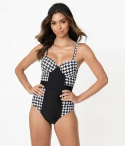 Swimwear Unique Vintage Black & White Houndstooth Pin-Up Clemente Swimsuit