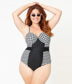 Unique Vintage Plus Size Black & White Houndstooth Pin-Up Clemente Swimsuit Swimwear