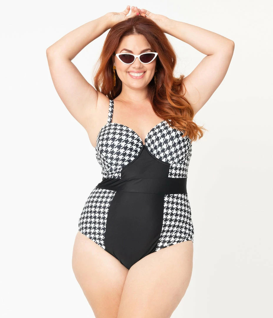 Unique Vintage Plus Size Black & White Houndstooth Pin-Up Clemente Swimsuit Swimwear