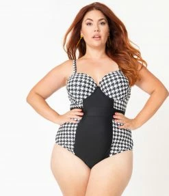Unique Vintage Plus Size Black & White Houndstooth Pin-Up Clemente Swimsuit Swimwear