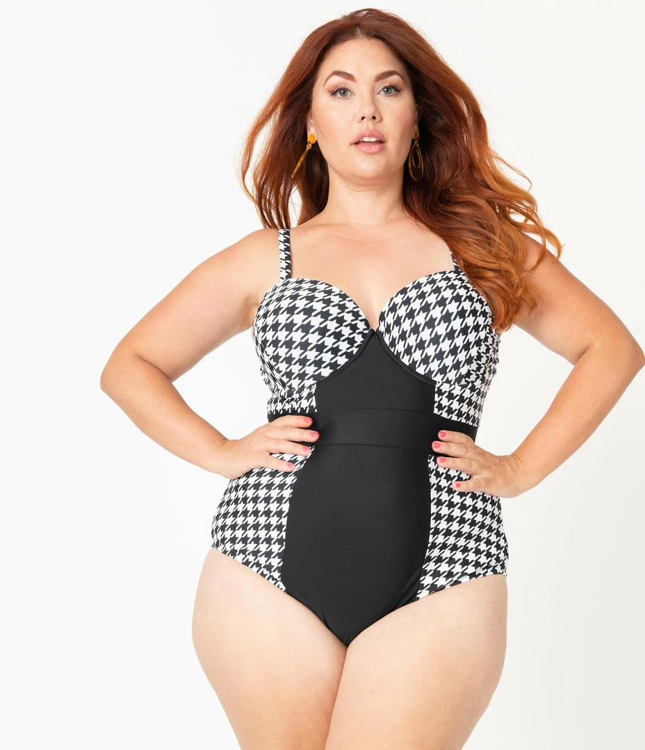 Unique Vintage Plus Size Black & White Houndstooth Pin-Up Clemente Swimsuit Swimwear