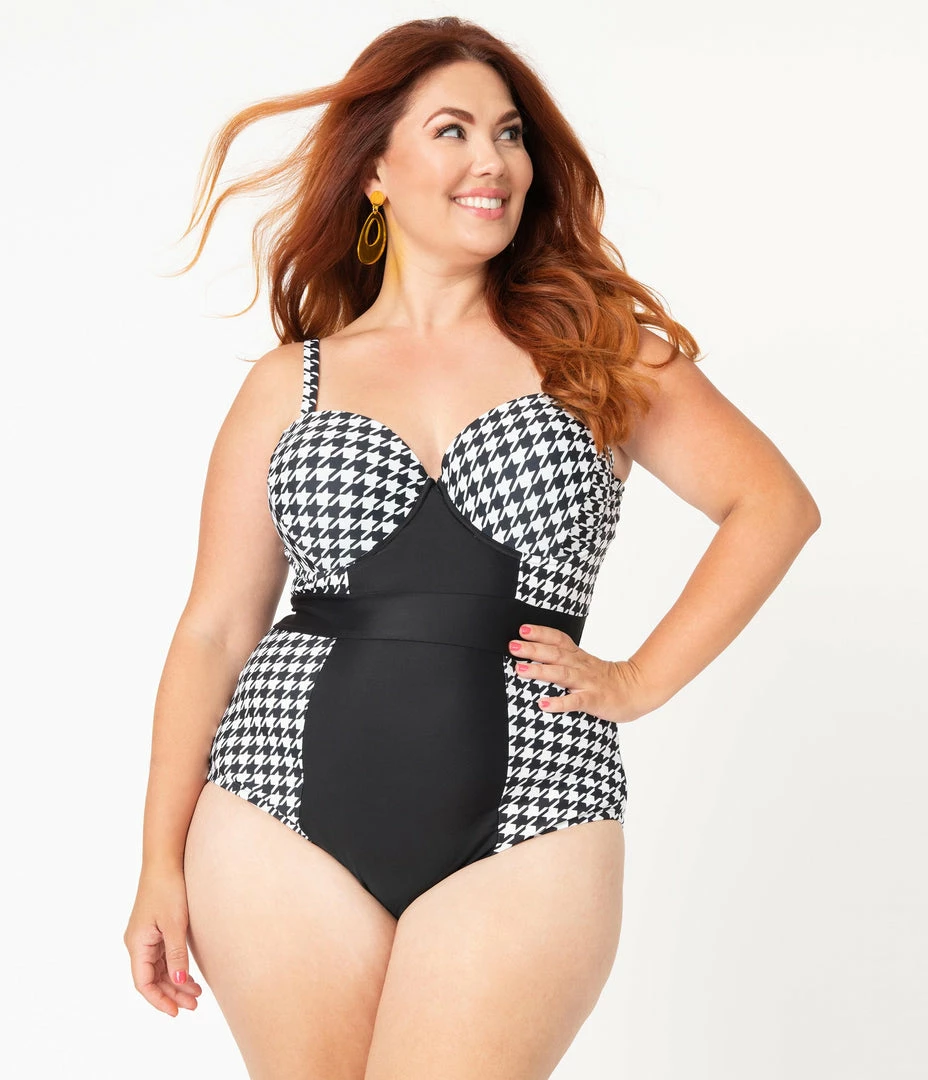 Unique Vintage Plus Size Black & White Houndstooth Pin-Up Clemente Swimsuit Swimwear