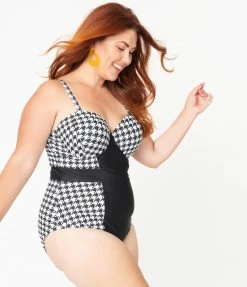 Unique Vintage Plus Size Black & White Houndstooth Pin-Up Clemente Swimsuit Swimwear