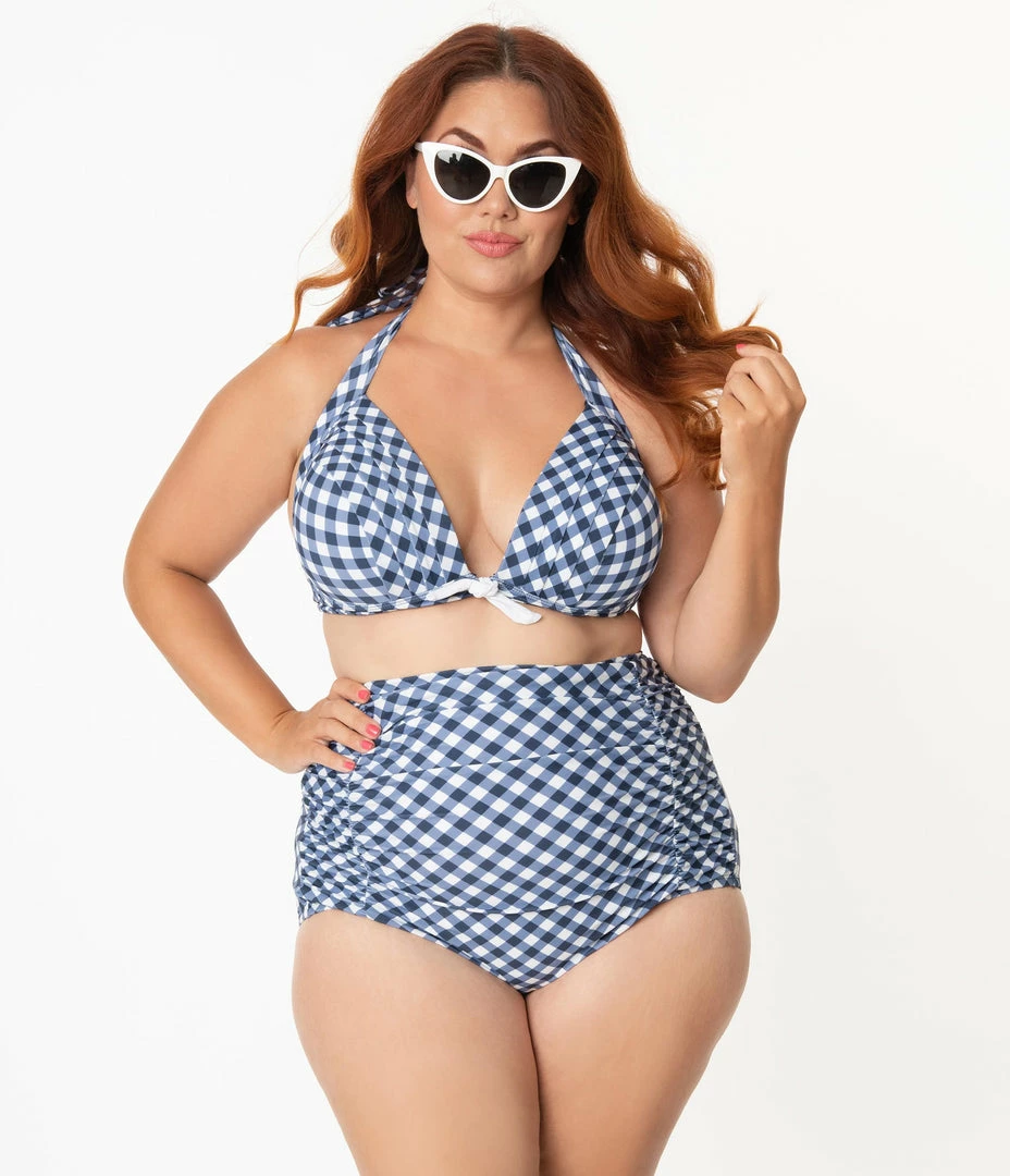 Unique Vintage Plus Size Navy & White Gingham Monroe Halter Swim Top Swimwear