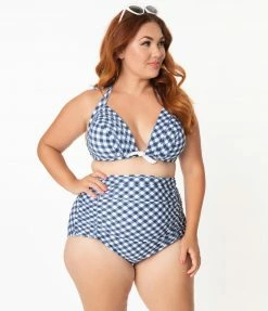 Unique Vintage Plus Size Navy & White Gingham Monroe Halter Swim Top Swimwear