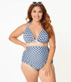 Unique Vintage Plus Size Navy & White Gingham Monroe Halter Swim Top Swimwear