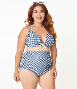 Unique Vintage Plus Size Navy & White Gingham Monroe Halter Swim Top Swimwear