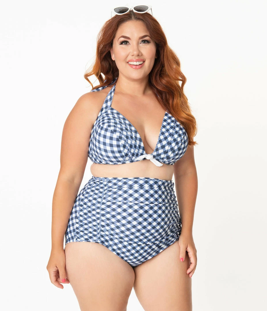 Unique Vintage Plus Size Navy & White Gingham Monroe Halter Swim Top Swimwear