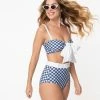 Unique Vintage Navy & White Gingham Belted Retro Redondo Swim Bottoms