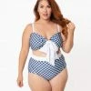 Unique Vintage Plus Size Navy & White Gingham Belted Retro Redondo Swim Bottoms Swimwear