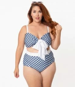 Unique Vintage Plus Size Navy & White Gingham Belted Retro Redondo Swim Bottoms Swimwear