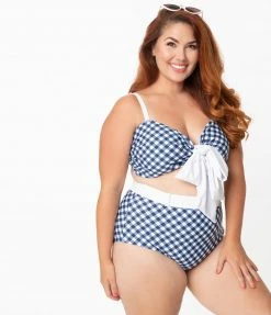 Unique Vintage Plus Size Navy & White Gingham Belted Retro Redondo Swim Bottoms Swimwear