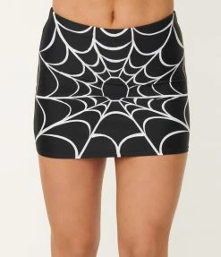 Unique Vintage Spiderweb Print Midnight Swim Skirt Swimwear
