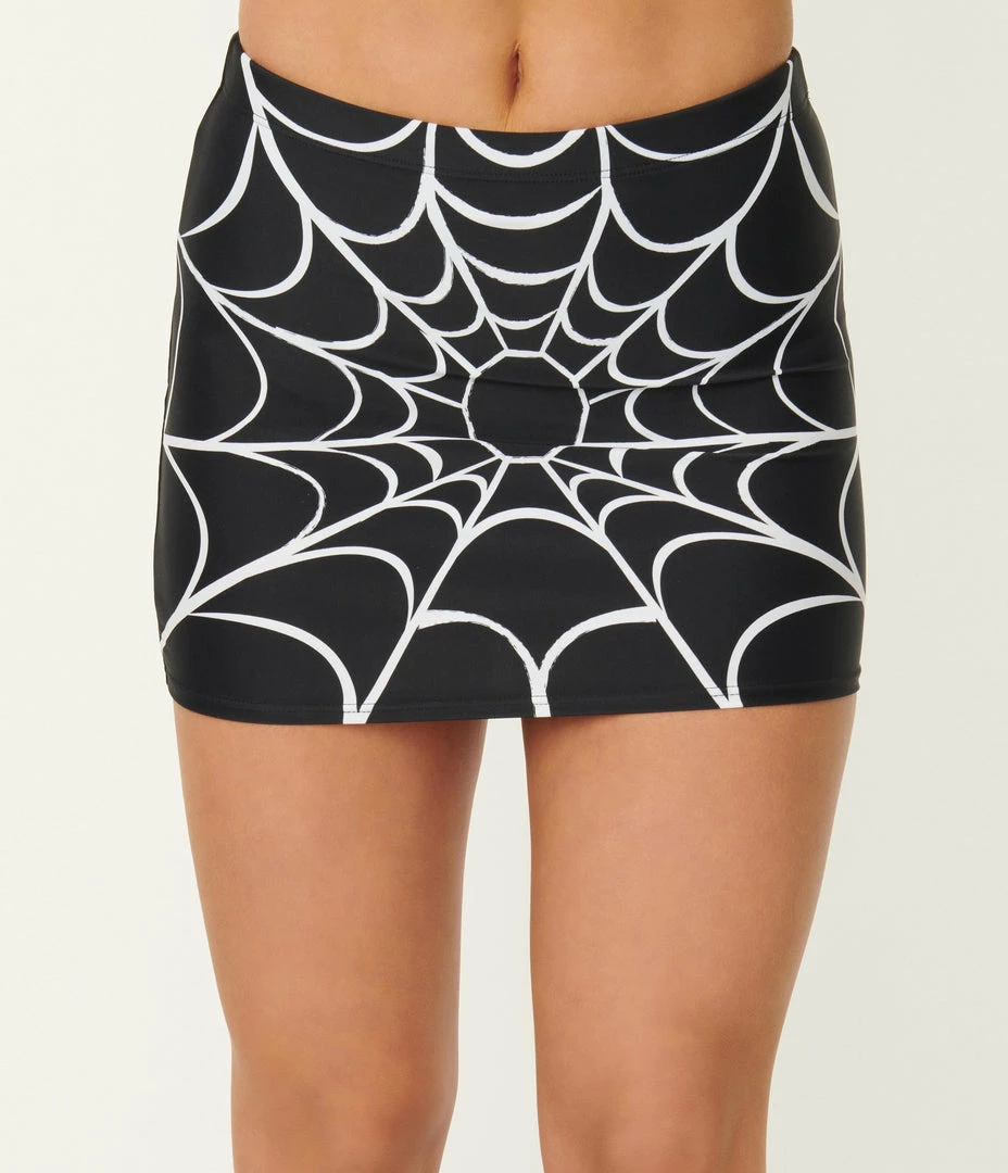 Unique Vintage Spiderweb Print Midnight Swim Skirt Swimwear