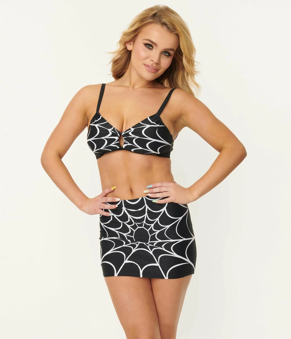 Unique Vintage Spiderweb Print Midnight Swim Skirt Swimwear