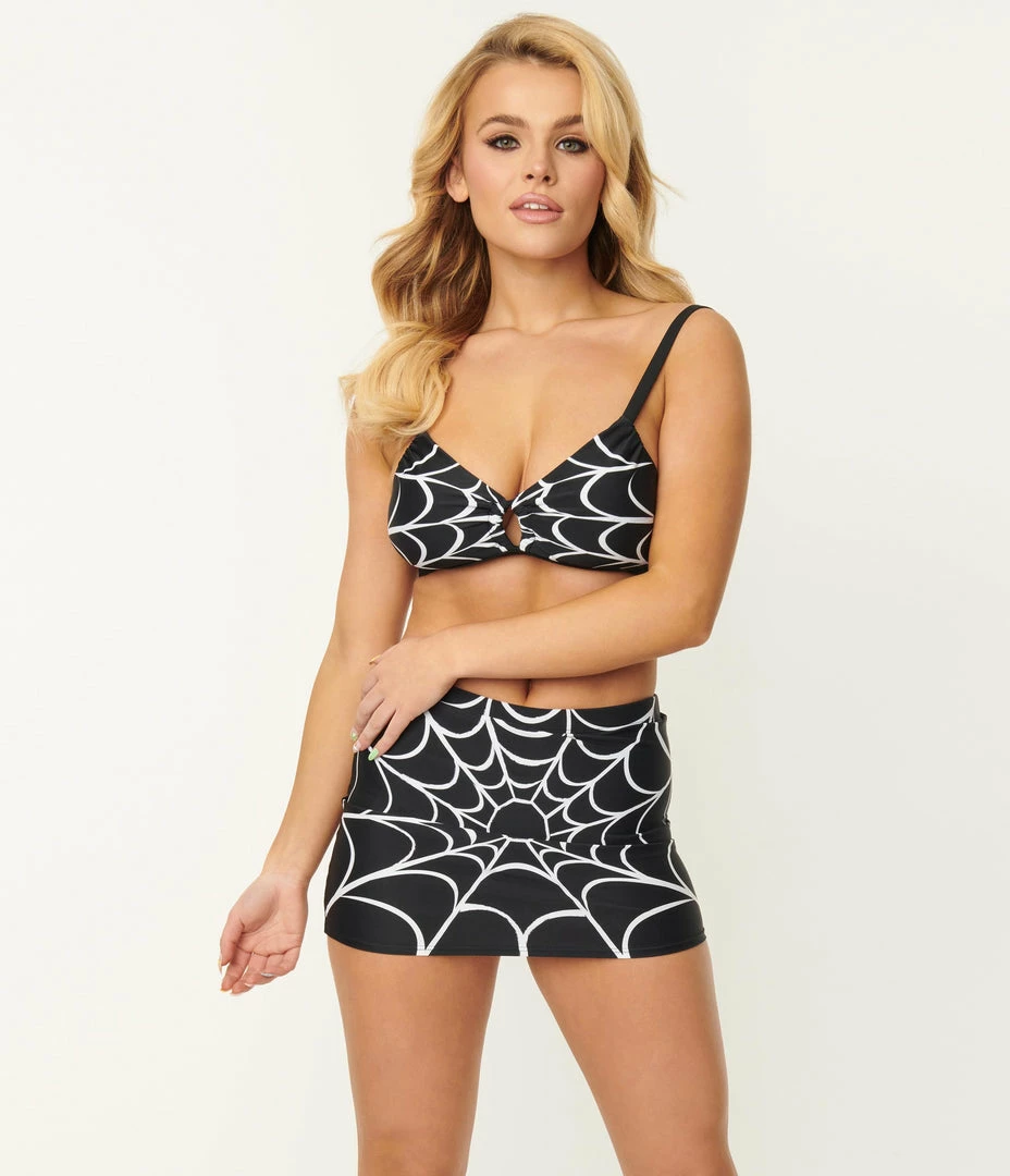 Unique Vintage Spiderweb Print Midnight Swim Skirt Swimwear