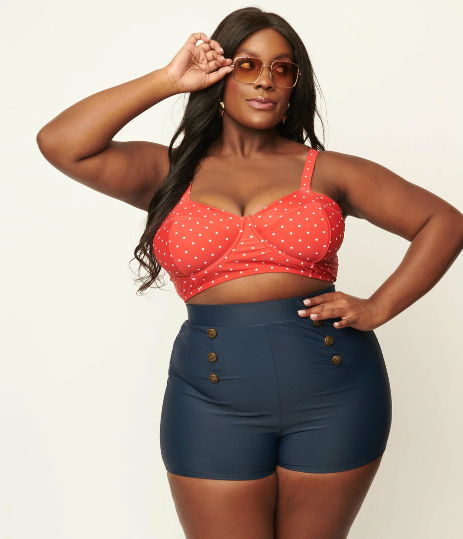 Unique Vintage Plus Size Navy Blue Nautical Button Capitola Swim Shorts Swimwear