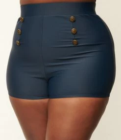 Unique Vintage Plus Size Navy Blue Nautical Button Capitola Swim Shorts Swimwear