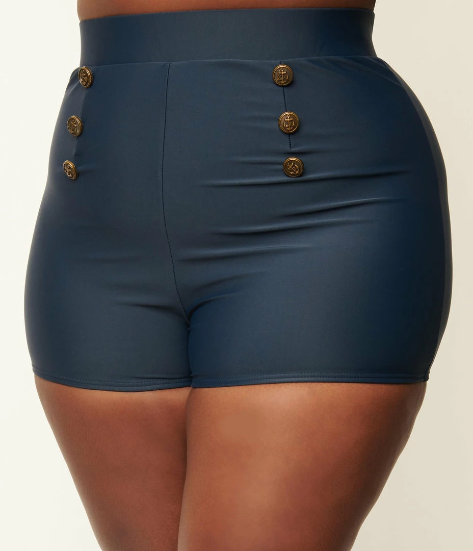 Unique Vintage Plus Size Navy Blue Nautical Button Capitola Swim Shorts Swimwear