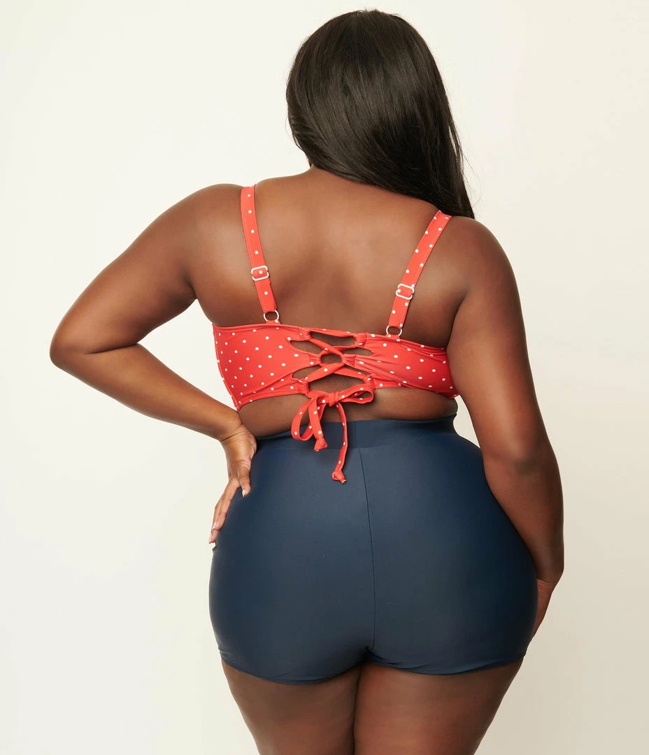 Unique Vintage Plus Size Navy Blue Nautical Button Capitola Swim Shorts Swimwear