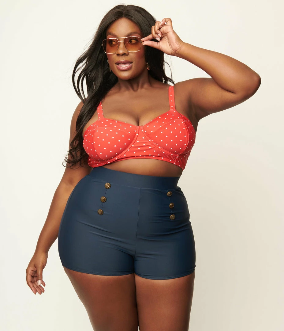 Unique Vintage Plus Size Navy Blue Nautical Button Capitola Swim Shorts Swimwear