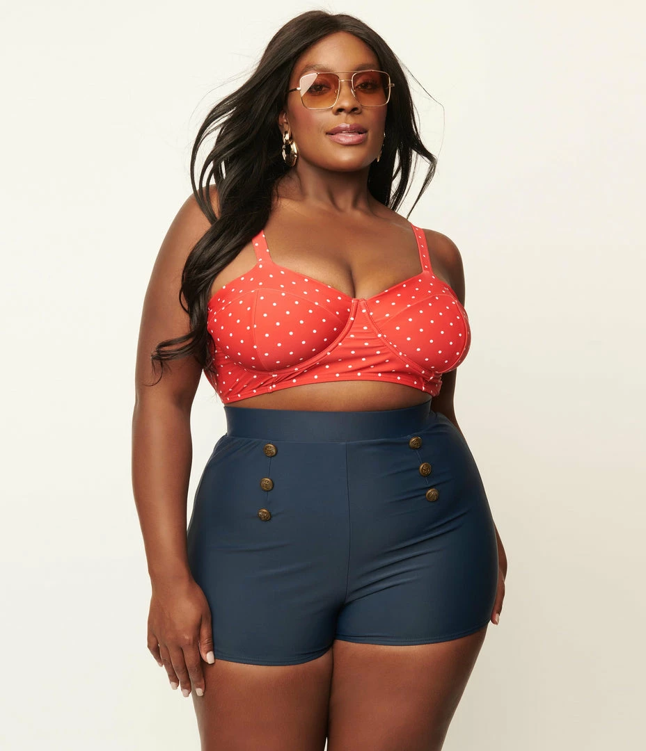 Unique Vintage Plus Size Navy Blue Nautical Button Capitola Swim Shorts Swimwear